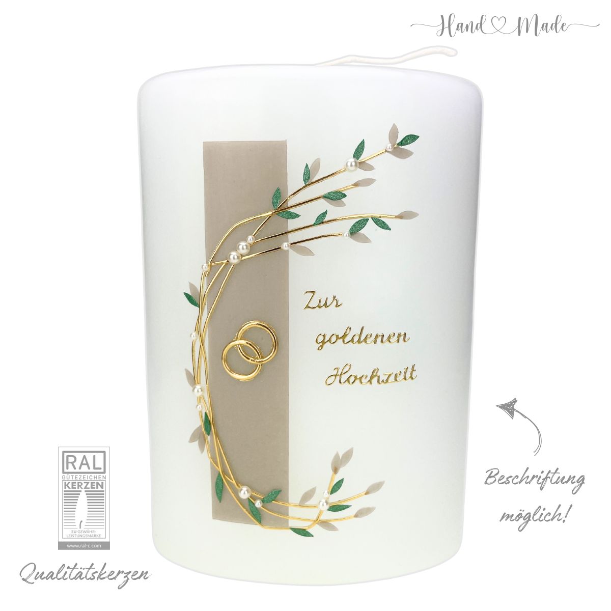 Goldene Hochzeit Ovalkerze | Ranke mit Perlenverzierung