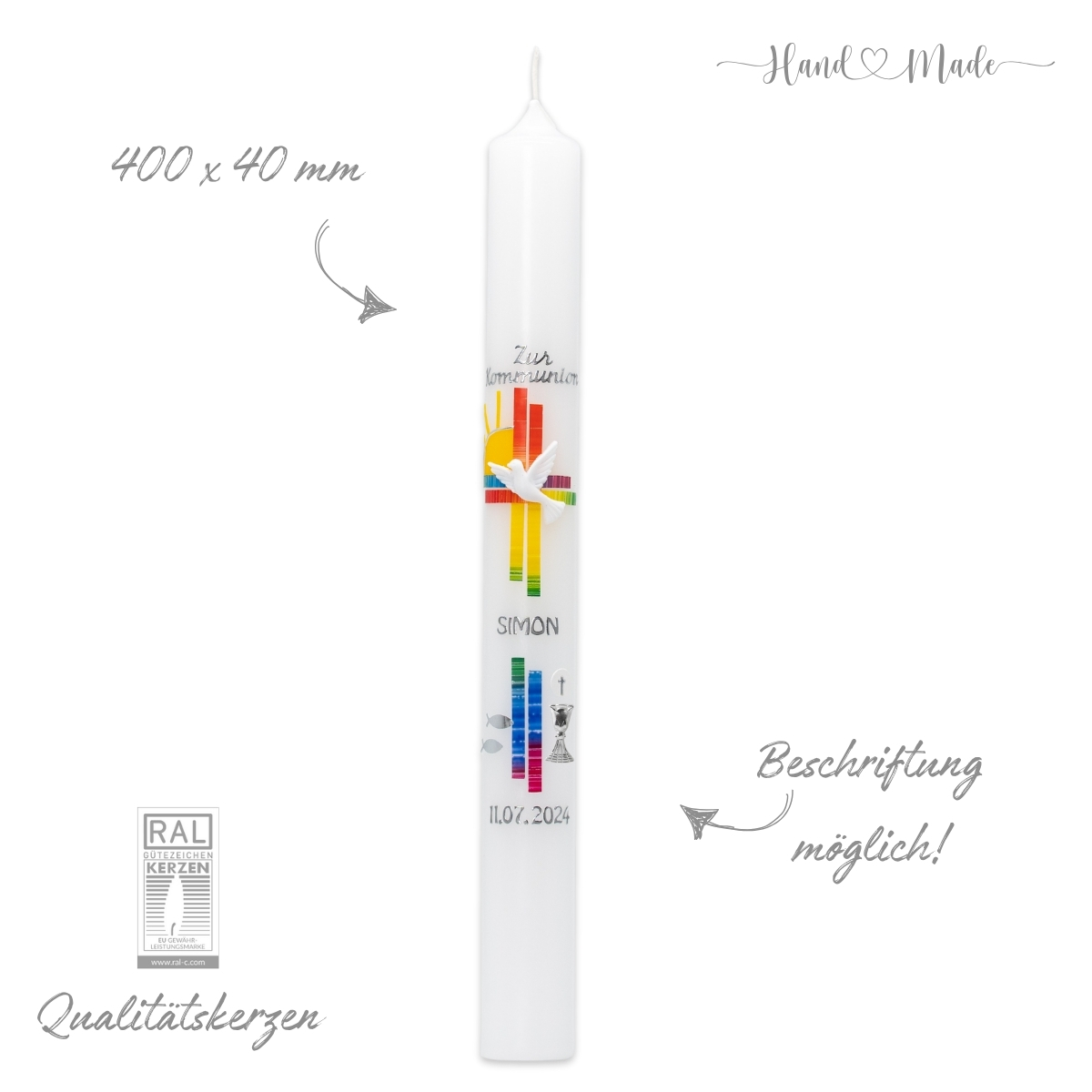 Kommunionkerze-Konfirmationskerze | Regenbogen für Jungen und Mädchen