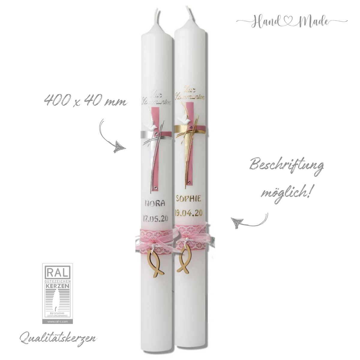 Vintage-Kommunionkerzen Taufkerzen Rosa für Mädchen | Fisch