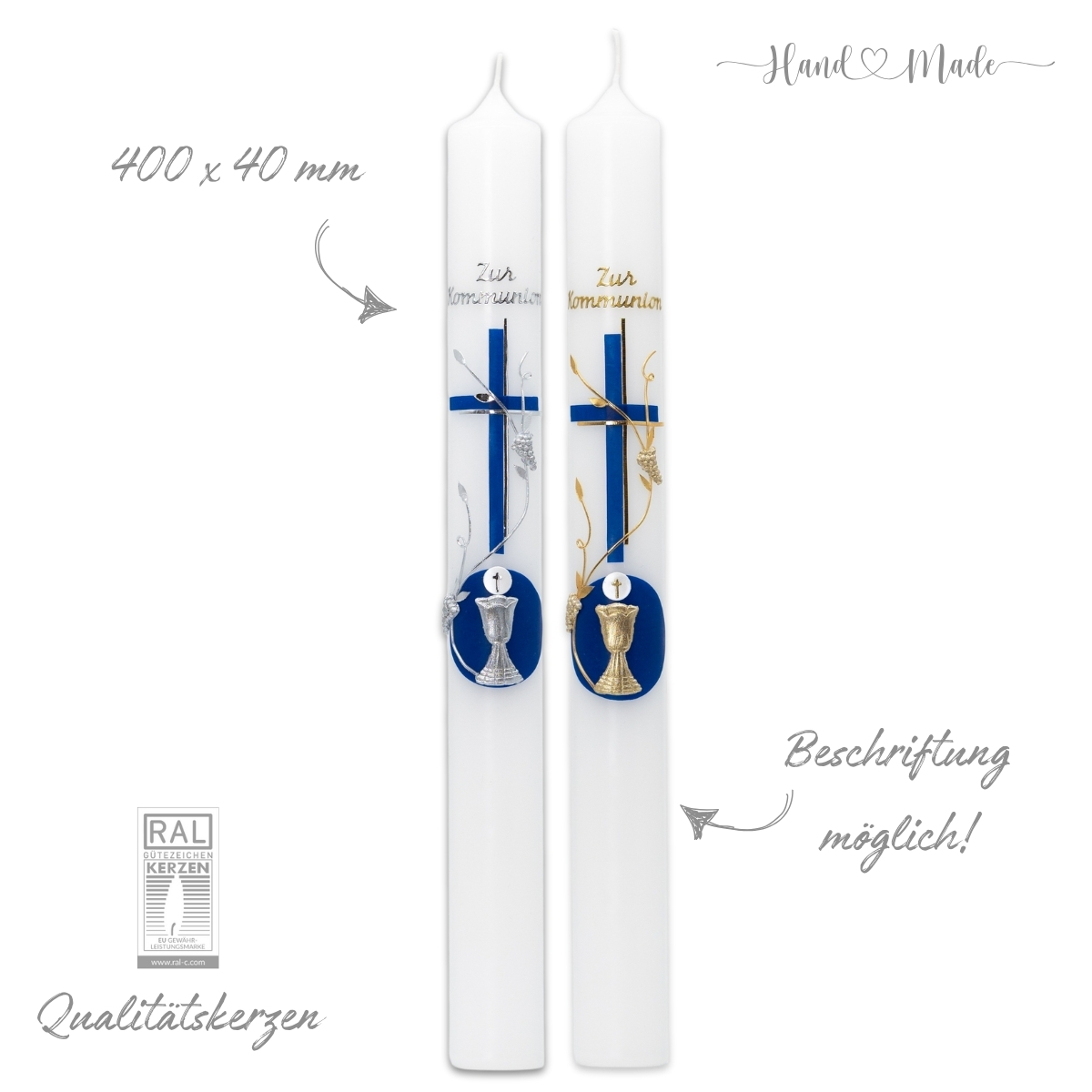 Kommunionkerze-Mädchen | Blau-Gold-Silber