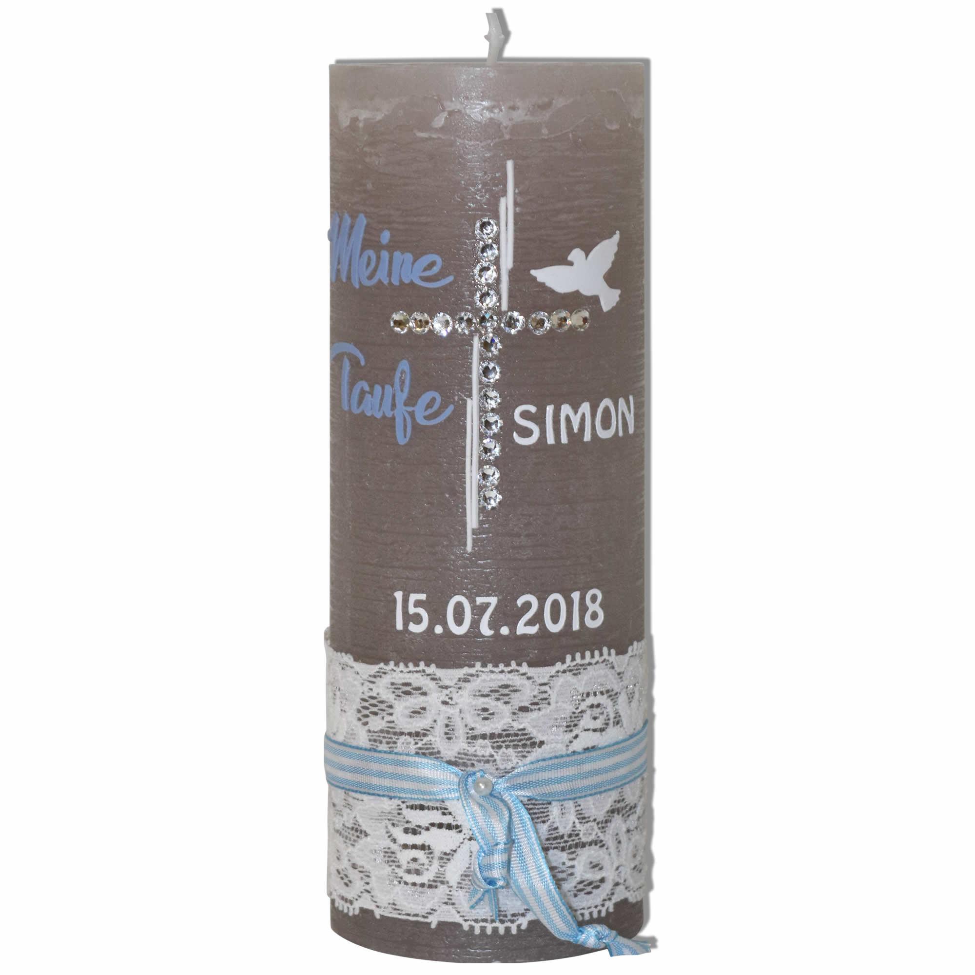 Taufkerze Vintage für Jungen mit Swarovski-Kreuz