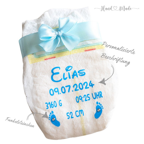 Bedruckte Windel mit Geburtsdaten - Pampers - Junge Test