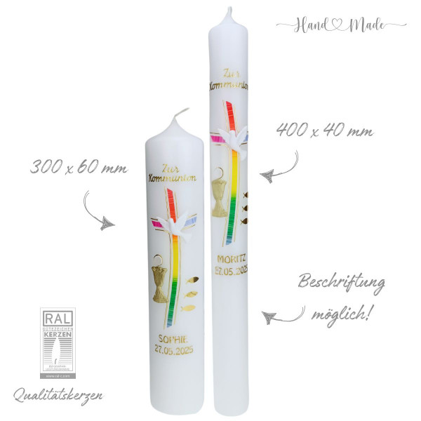 Farbenfrohe Kommunionkerzen mit Regenbogen | Gold Test