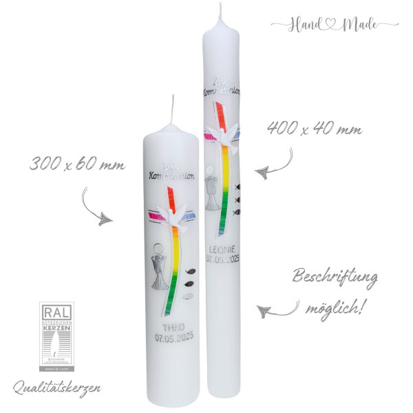 Farbenfrohe Kommunionkerzen mit Regenbogen | Silber Test