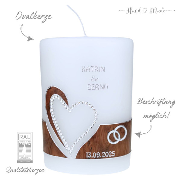 Hochzeitskerze mit Swarovski Herz &amp; Holzoptik-Oval Test