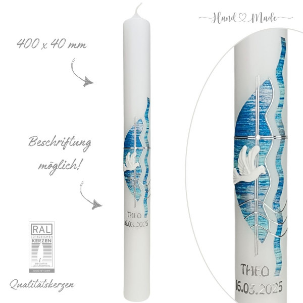 Kommunionskerze - Taufkerze Wellenmuster - Junge - Blaue Töne Test