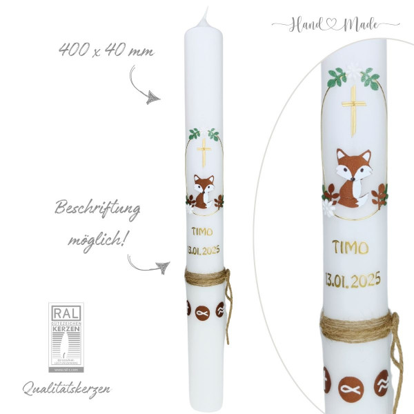 Kommunionskerze - Taufkerze Fuchs - Jute Vintage Boho - Neutral für Jungen und Mädchen Test