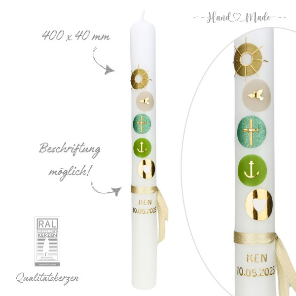 Kommunionskerze - Taufkerze Sonne - Grüne Farbtöne mit Gold - Modern Test