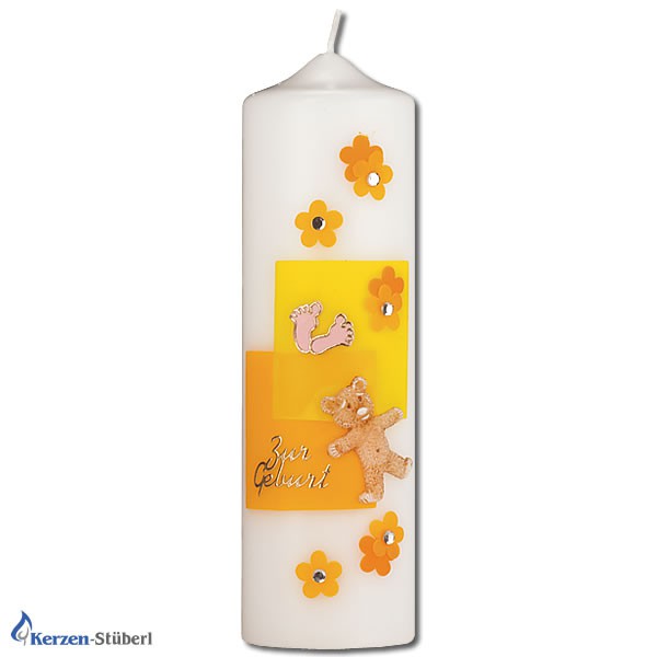 Geburtskerze-Geschenkidee zur Geburt-Teddy und Blümchen