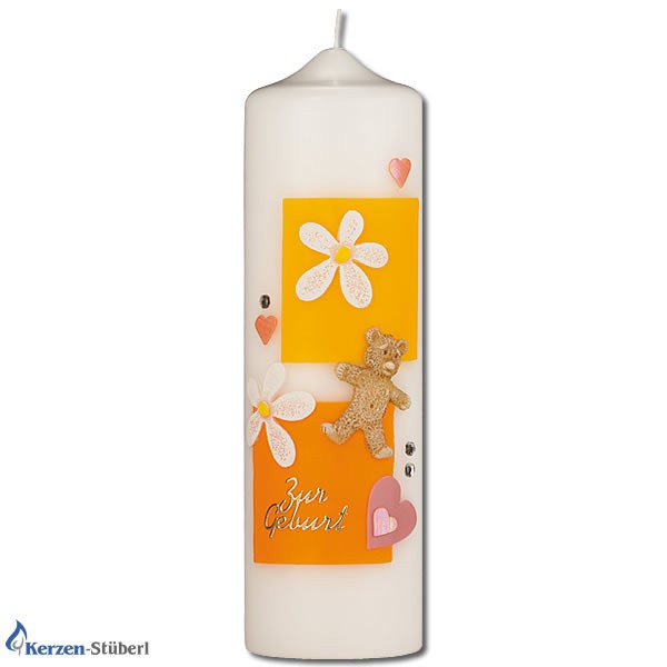 Geburtskerze-Geschenkidee zur Geburt-Teddybär, Herzen und weiße Blüten