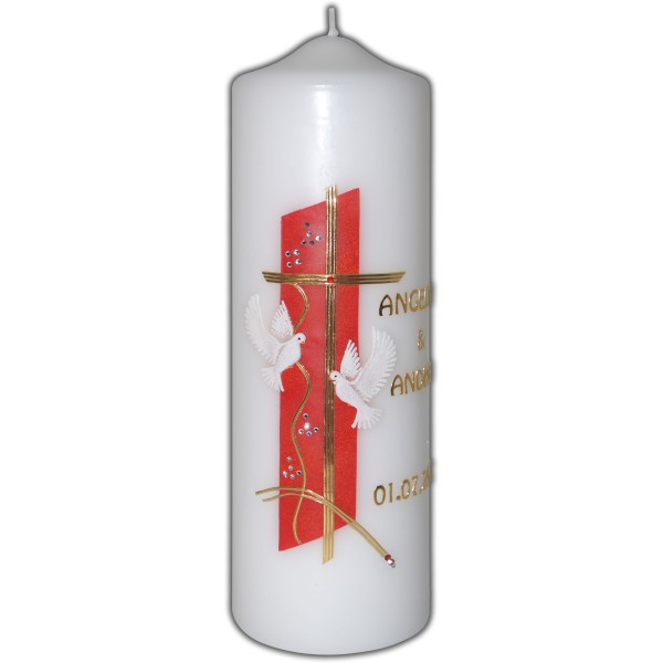 Abbildung einer Hochzeitskerze mit Swarovski Steine , turteltauben, Ringe und Kreuz in Rot und Gold
