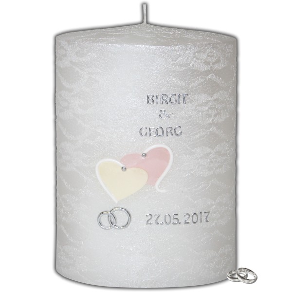 Hochzeitskerze-Spitzenmusteroptik-Perlmutt-Silber