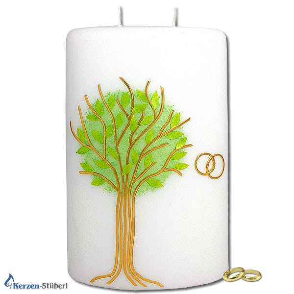 Abbildung einer Hochzeitskerze mit Baum in Gold und Grün