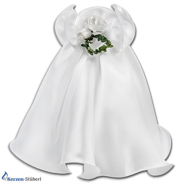 Abbildung eines Kerzenrock mit kleinen Rosen-Blüten für Taufkerzen, Kommunionkerzen und Konfirmationskerzen aus weißen Satin.