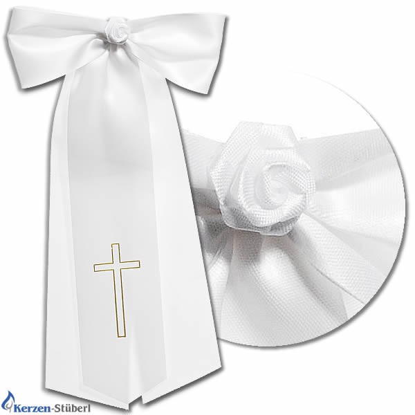 Abbildung einer Kerzenschleife aus Satin für Taufkerzen und Kommunionkerzen mit einer kleiner gebundenen Rose