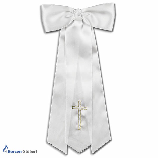 Abbildung einer kerzenschleife aus Satin für lange dünne Taufkerzen und Kommunionkerzen mit goldenem Kreuz