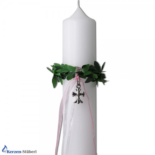 Tropfschutz-Buchskranz für Kerzen | Kreuz-Rosa Bänder Test