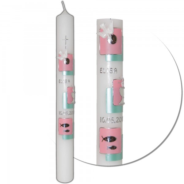 Kommunionkerze-Konfirmationskerze Rosa-Mint