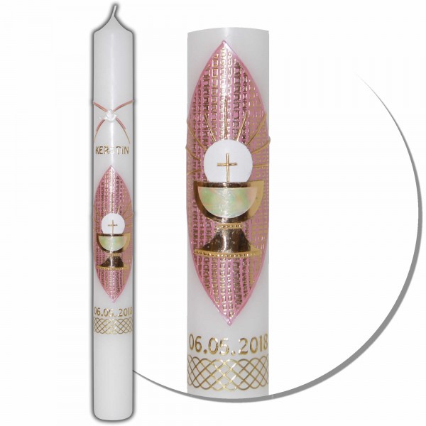 Kommunionkerze-Konfirmationskerze für Mädchen | Rosa-Gold Test