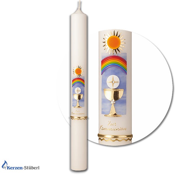 Abbildung einer Kommunionkerze-Konfirmationskerze mit Regenbogen, Sonne, Kelch und Hostie. Test