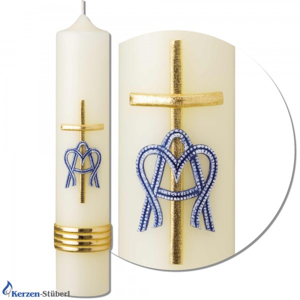 Marienkerze mit blauen und goldenen Echtwachsverzierungen
