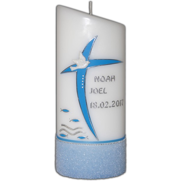 Taufkerze-Jungen Hellblau mit Glasglitter Test