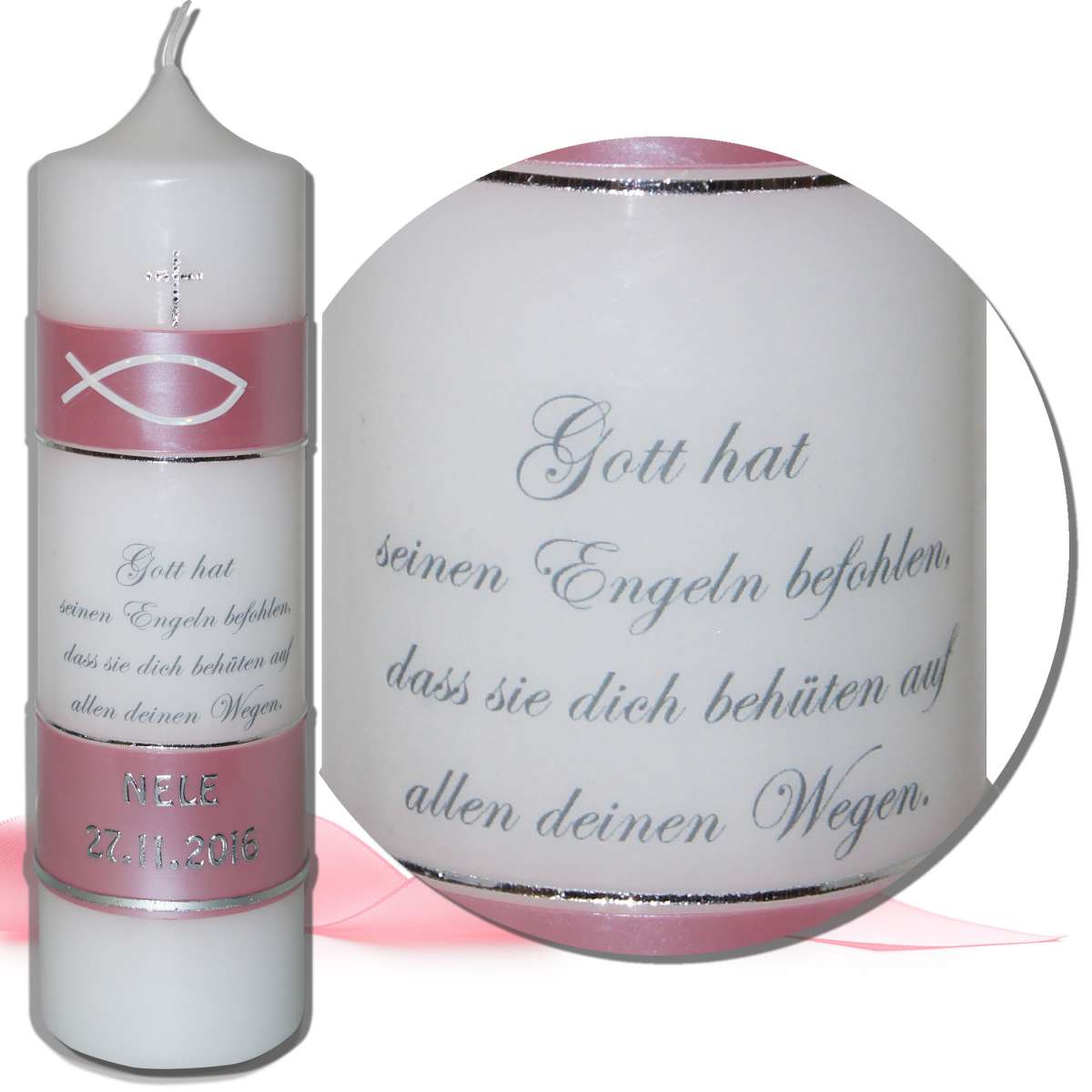 Taufkerze mit Spruch für Mädchen &amp; SwarovskiKreuz KerzenStüberl