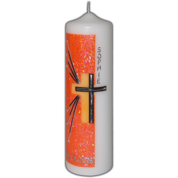 Taufkerze Mädchen Orange-Silber