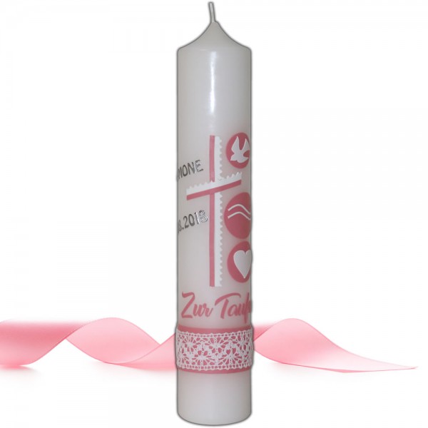 Taufkerze Kerze zur Taufe Kreuz rosa irisierend modern Taufkerzen für Mädchen 