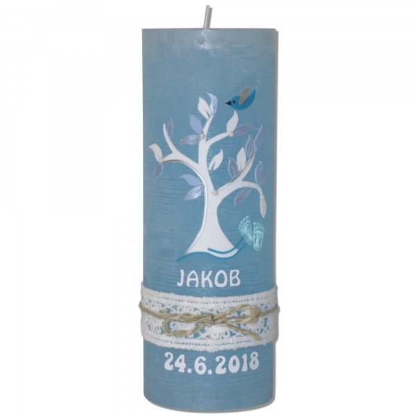 Moderne Vintage Taufkerze in Blau
