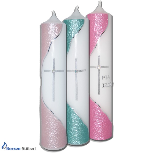 Taufkerze in Petrol, Rosa & Zartrosa
